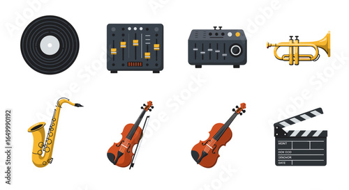 Collection of musical instruments and production equipment set