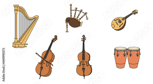 Illustration of various musical instruments on a white background