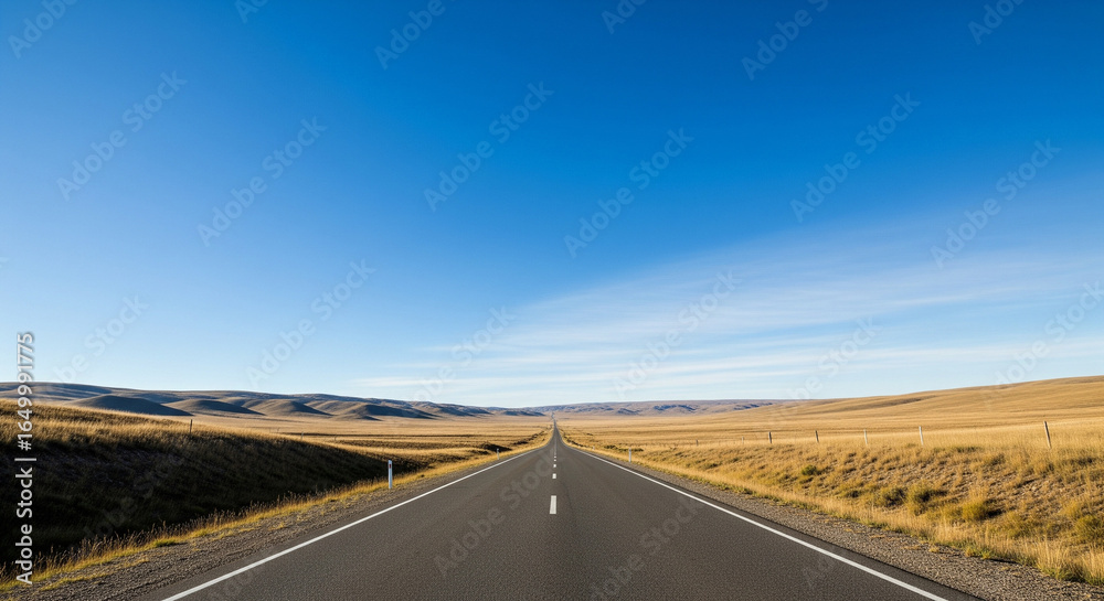 Fototapeta premium A long asphalt road stretches into the distance under a clear blue sky, flanked by dry, grassy fields and distant hills.