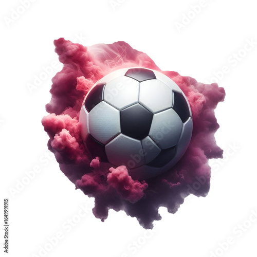 realistic soccer ball as a planet with pink smoke isolated on white background