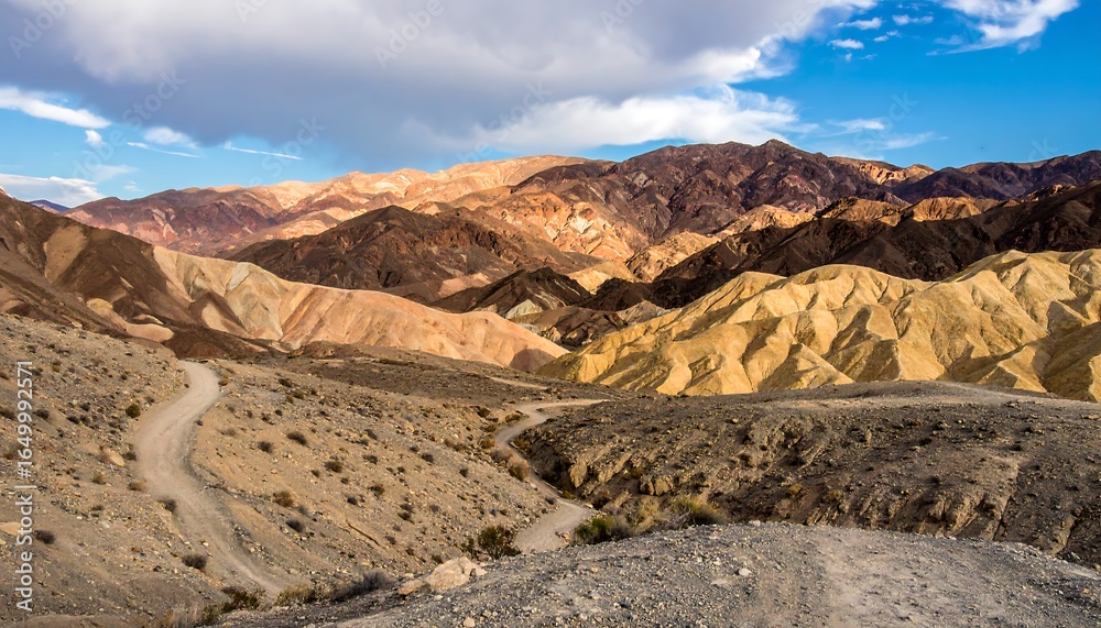 Naklejka premium Winding dirt road through colorful desert mountains.