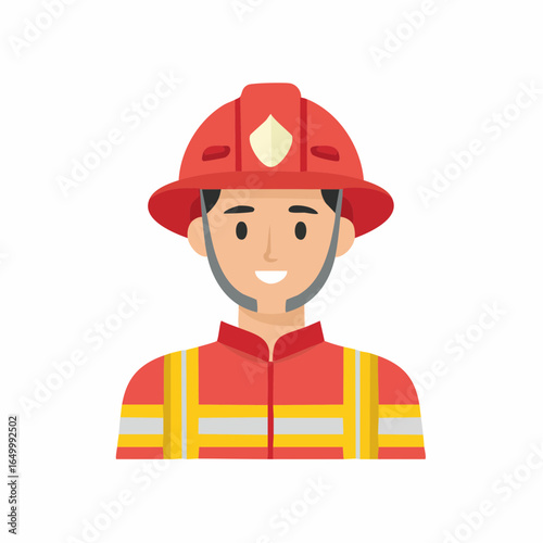 Flat style vector icon of a firefighter in protective gear, symbolizing fire rescue and safety profession.