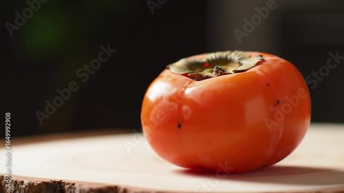 Close up of fresh ripe persimmons on a wooden cutting board