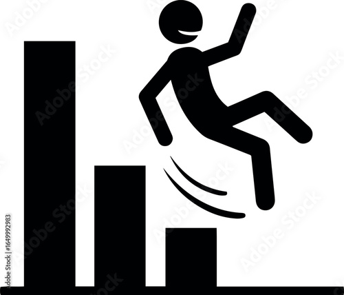 Vector stick figure falling from a bar graph representing financial loss or failure