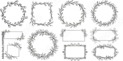 Set of Elegant Line Art Flower Borders for Wedding Invitations