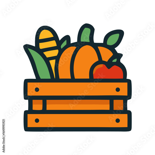 Harvest celebration featuring a crate filled with corn, pumpkin, and apple signifies the abundance of autumn. Suitable for fall themed designs.
