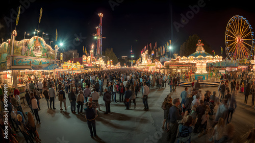 Vibrant Oktoberfest Festival Scene at Night with Lively Crowd and Colorful Lights in Germany