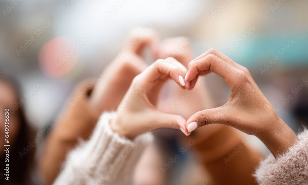 Obraz premium Women joining hands to form a heart shape, representing love, unity, and togetherness in a celebration of friendship and support