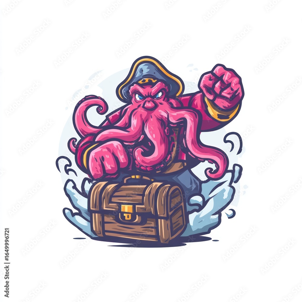Fototapeta premium Cartoon octopus pirate clutches treasure chest, set against a cloudy white background