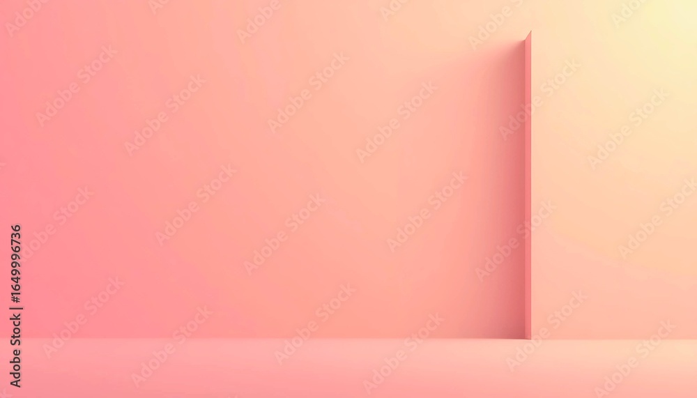 Fototapeta premium Pastel pink gradient wall with a sharp corner and soft light, a minimalist geometric background ideal for branding, product display, posters, website headers, and modern social media design.