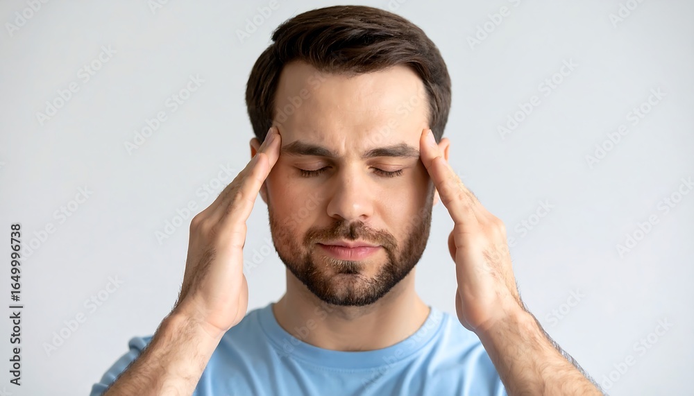 Fototapeta premium Man experiencing headache or stress, holding temples with closed eyes, seeking relief from pain, medical concept