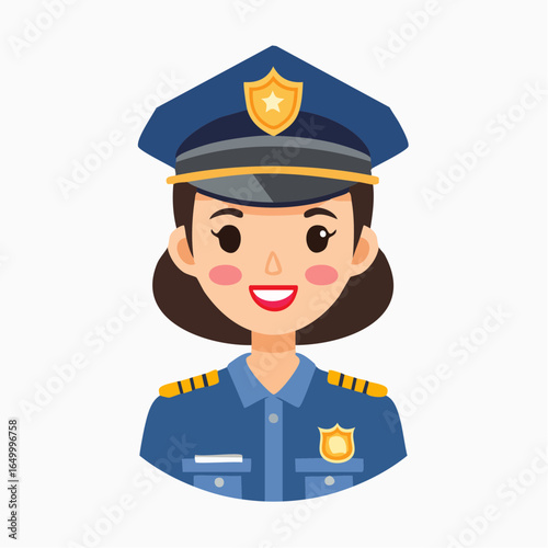 Flat vector icon of a police officer in uniform and cap, symbolizing law enforcement and public safety profession.