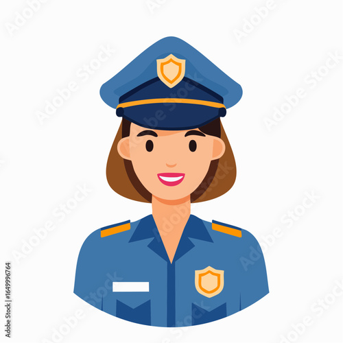 Flat vector icon of a police officer in uniform and cap, symbolizing law enforcement and public safety profession.