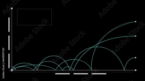 A simple animation of projectile motion. A blue trajectory arc is drawn from a point of origin, showing the path of a projectile as it travels through the air