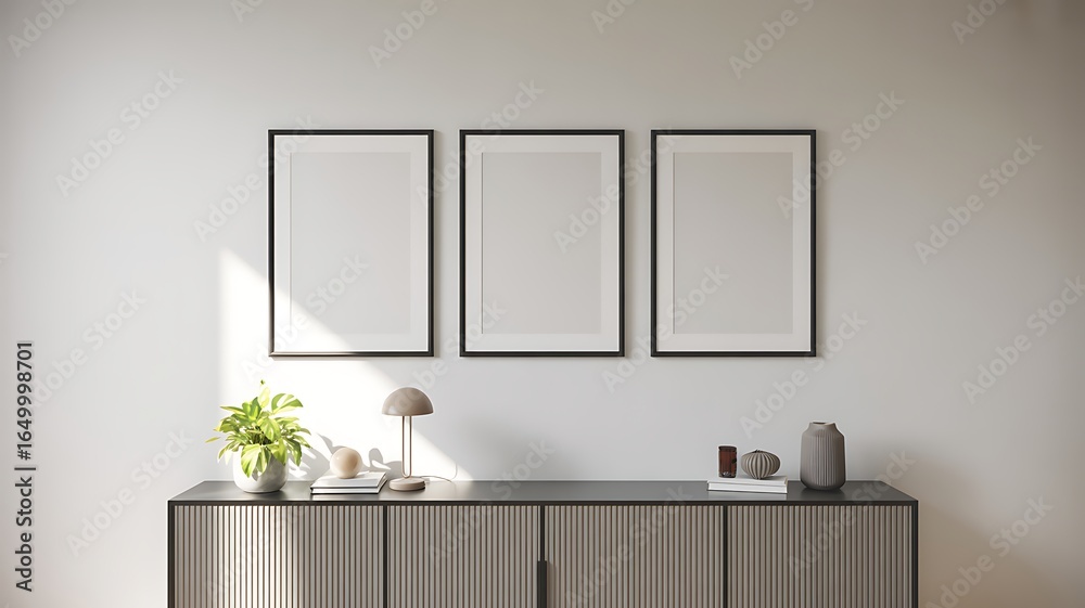 custom made wallpaper toronto digitalMinimalist Interior with Three Blank Picture Frames and Stylish Furniture Modern Home Decor