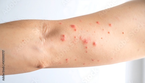 Arm skin with red spots or rash showing possible skin condition like eczema, dermatitis, or other dermatological issues