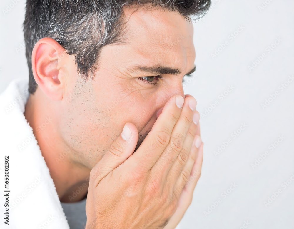 Obraz premium Man experiencing allergy symptoms covering nose and mouth, seeking relief from pollen, dust, or potential illness with a towel nearby