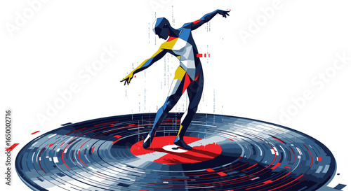 A stylized, colorful dancer balances gracefully on a spinning vinyl record, depicted in a modern, abstract art style.