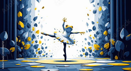 An elegant frog ballerina in a tutu gracefully performs on a stage surrounded by blue and yellow leaves.