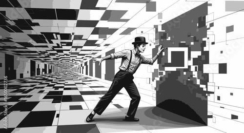 A person in vintage attire pushes against a pixelated wall, transitioning into a surreal, black and white digital corridor.