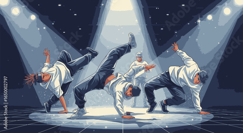 A dynamic illustration of a breakdance crew performing energetic moves on a stage under spotlights.