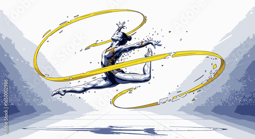 Dynamic illustration of a female rhythmic gymnast in a powerful mid-air split leap with a flowing yellow ribbon.
