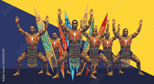 A vibrant illustration of indigenous warriors performing a powerful, synchronized traditional dance with glowing chest symbols.