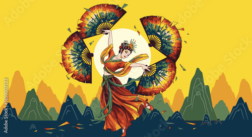 A graceful woman in traditional orange robes performs an elegant fan dance against a stylized mountain backdrop under a golden sun.