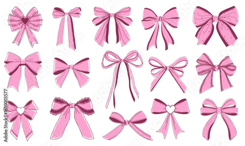 Whimsical pink ribbon bow set. Romantic girl fashion aesthetic, wedding, baby shower card decoration vector design