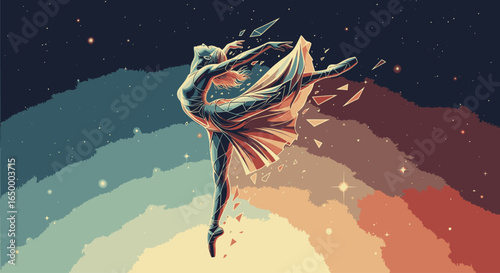 An ethereal ballerina made of stardust leaps gracefully across a vibrant, cosmic rainbow in a starry sky.