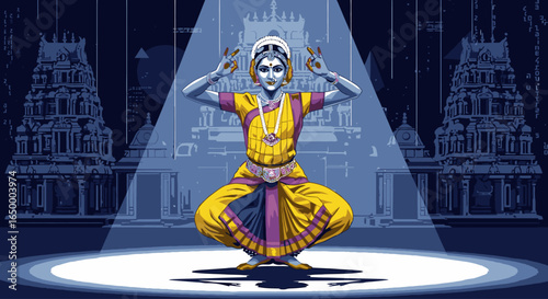 An illustration of a classical Indian dancer performing Bharatanatyam on a spotlighted stage before temples.