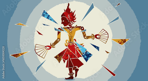 A graphic illustration of a traditional Asian deity or dancer with a flaming headdress, holding fans amidst floating shards.