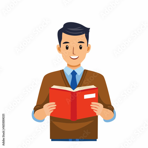 Flat style vector icon of a teacher holding a book, representing education and teaching profession.