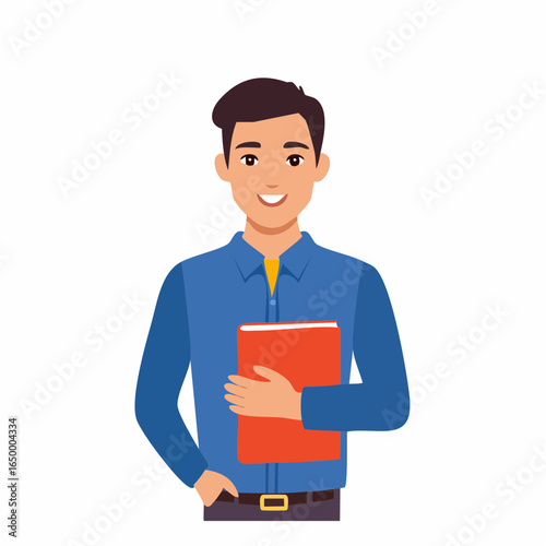 Flat style vector icon of a teacher holding a book, representing education and teaching profession.