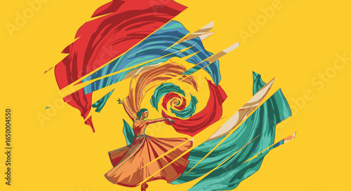 An abstract illustration of a whirling dancer surrounded by vibrant, swirling red, blue, and green fabrics on a yellow background.