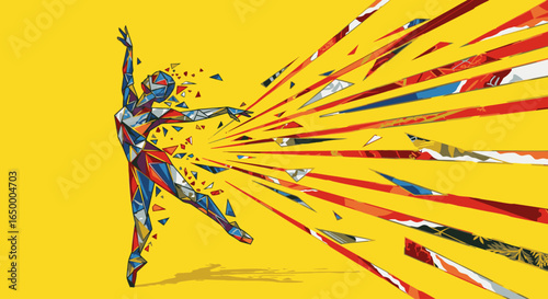 Dynamic illustration of a dancer shattering into colorful geometric pieces, symbolizing creative energy and transformation.