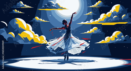 A graceful ballerina dances on a moonlit stage under a dramatic, stylized night sky.