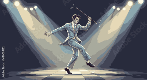 An elegant entertainer in a suit tap dances with a cane on a checkered stage under bright spotlights.