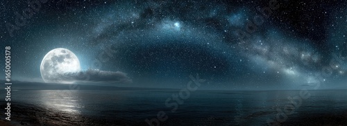Vast night sky, full moon, and placid ocean