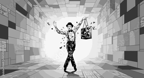 A joyful mime in a dynamic dance pose holds an exploding shopping bag within a surreal, geometric room.