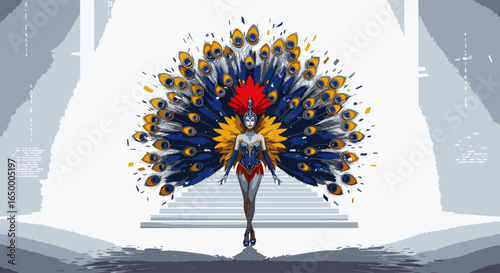 A theatrical performer stands on a stage in a spectacular blue and yellow peacock-inspired costume.