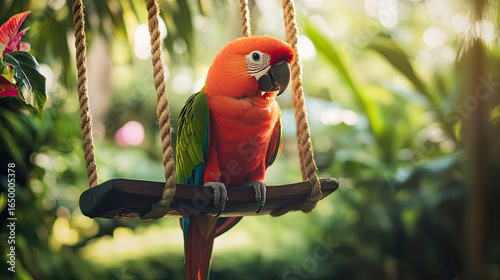 An enchanting view of a parrot perched on a colorful swing