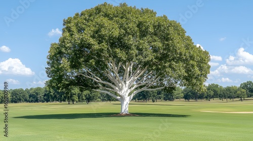Majestic White Trunked Tree in a Lush Green Field Under a Sunny Sky