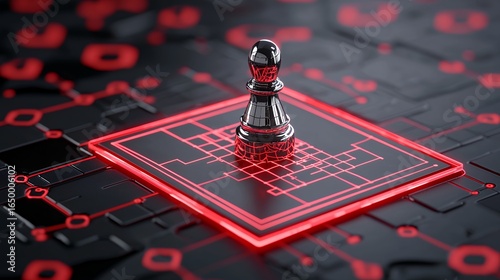 Metallic Chess Pawn on Red Digital Circuit Board