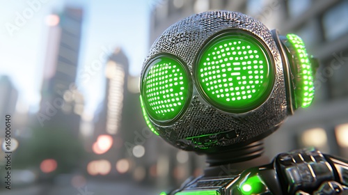 Metallic Robot Head with Glowing Green Eyes in City Background