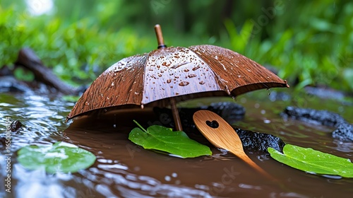 Miniature Brown Umbrella and Wooden Spoon in Rainy Puddle