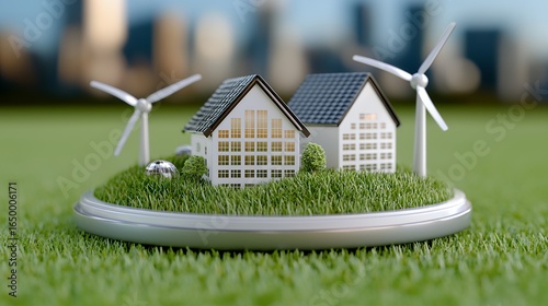 Miniature Eco Friendly Houses with Wind Turbines on Grassy Island