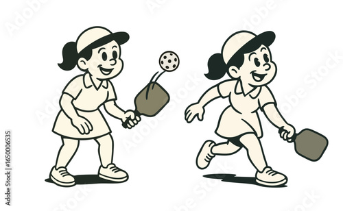 Pickleball players, cartoon vintage style. Retro illustration of pickle ball players.