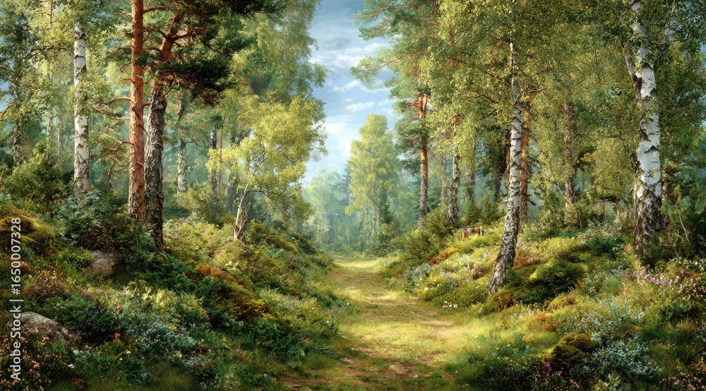 Fototapeta premium Sunny forest path. Lush trees, wildflowers, and a gentle trail