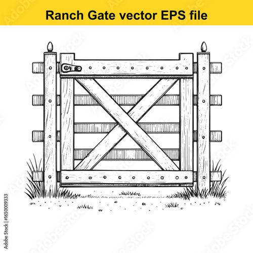 Rustic wooden ranch gate with cross bracing, a classic rural entrance illustration
